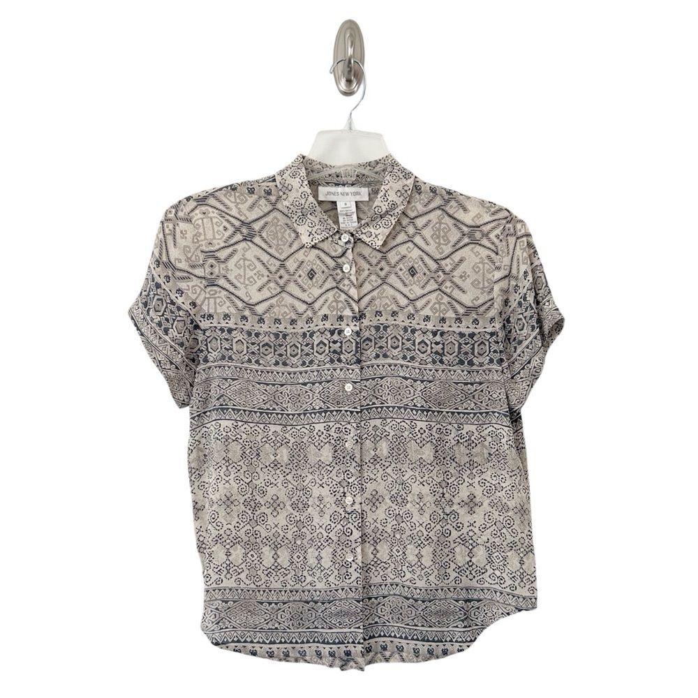 Jones New York Vintage Women’s Neutral-Toned Geometric Print Blouse Size 8